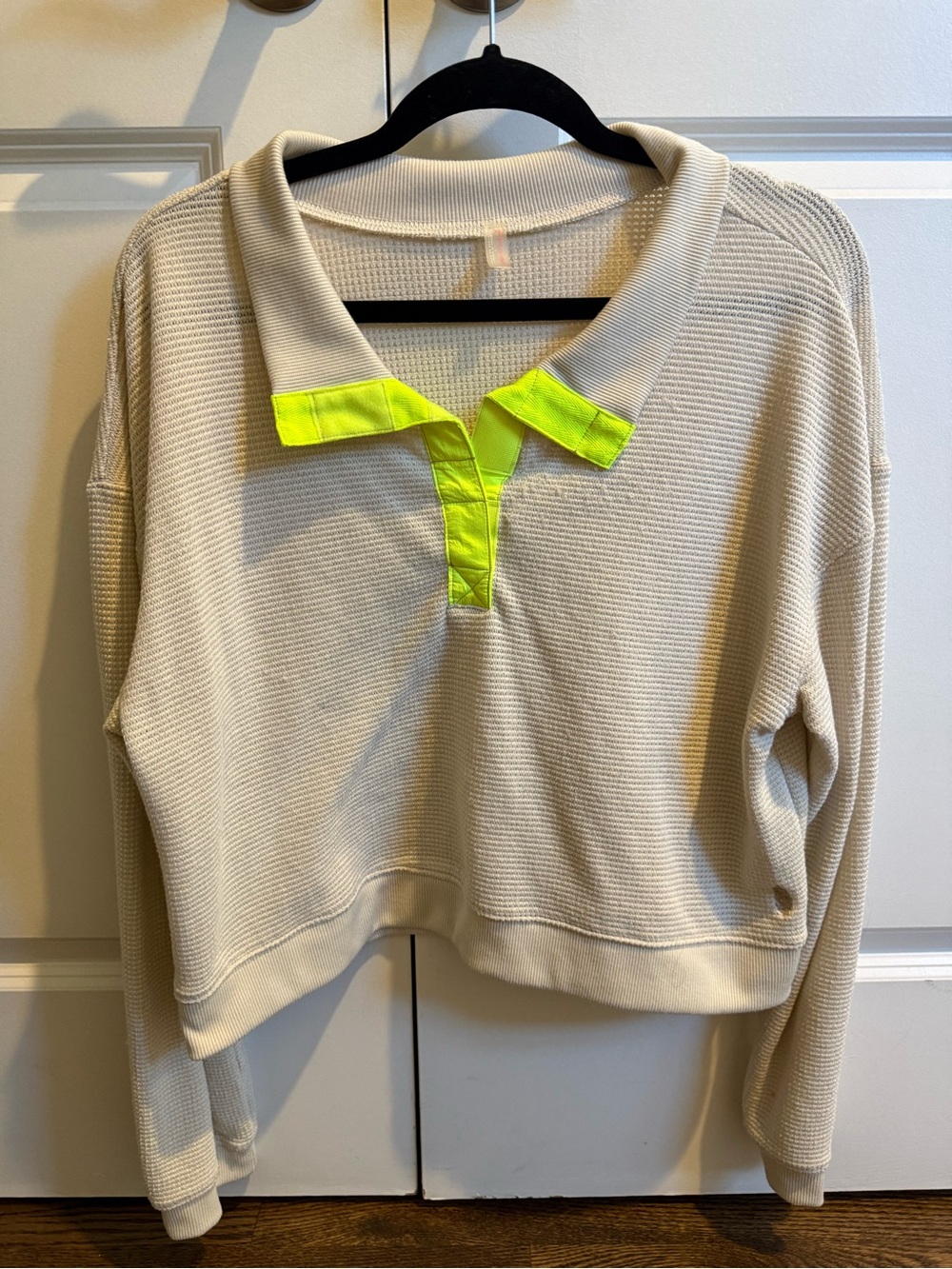 FP Movement by Free People Cream Cropped Polo Sweatshirt with Neon Yellow Trim